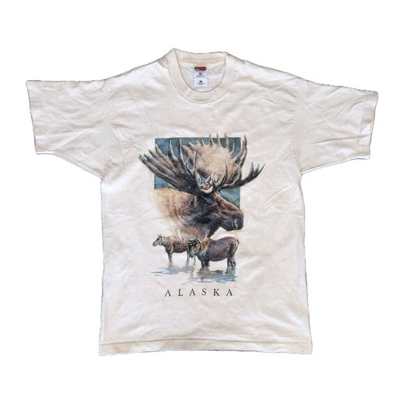 Vtg‎ 90s Alaska Shirt L Moose Fruit Of The Loom Single Stitch Spellout Travel - Picture 1 of 8